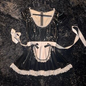 Black PVC Lace-Trim Maid Chemise with White Apron